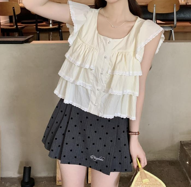 Maja Tiered Swiss Dot Button Down Top - Cream