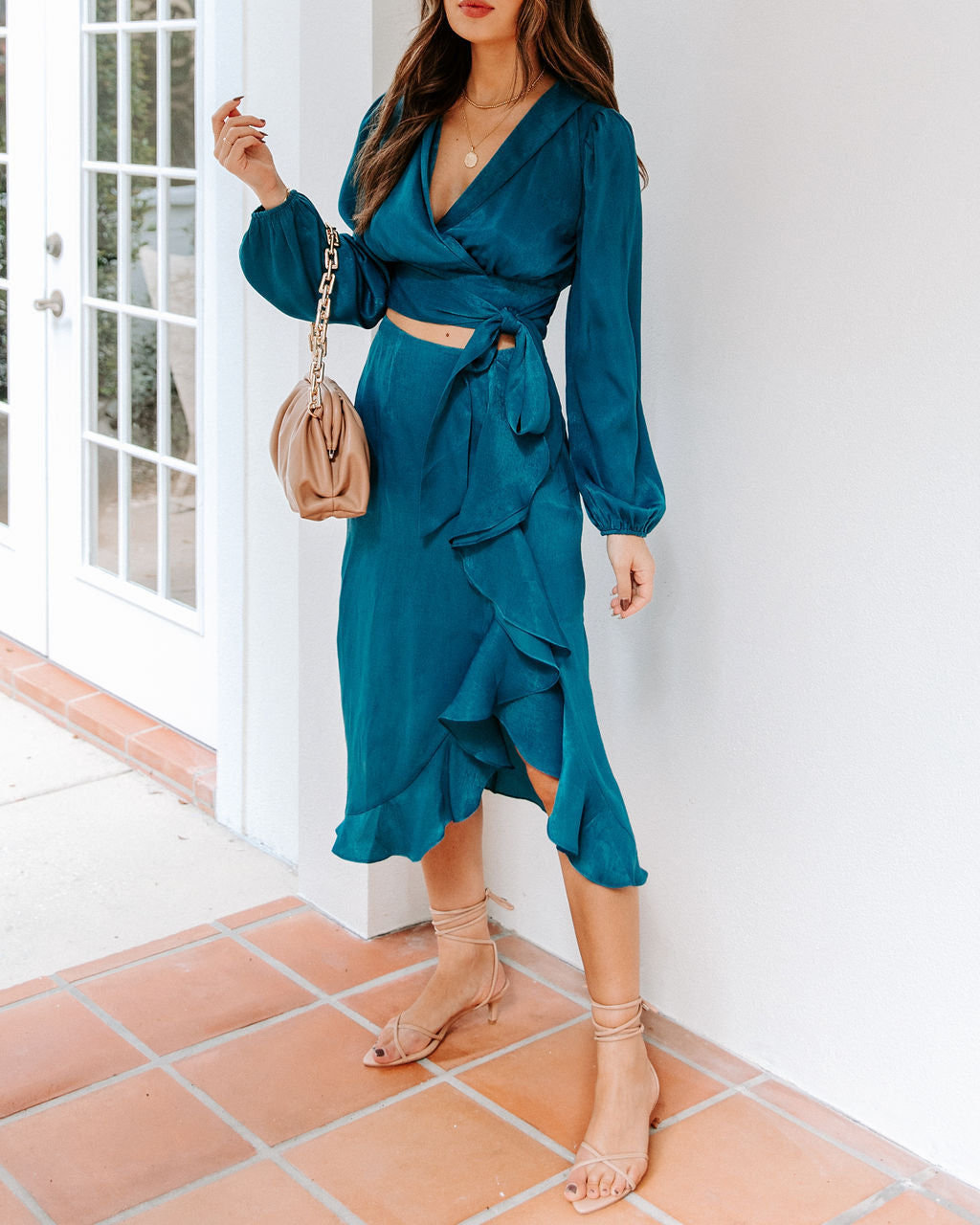 Penthouse Satin Ruffle Midi Skirt