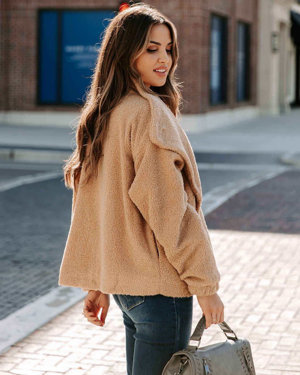 Martha Pocketed Drape Sherpa Jacket - Tan