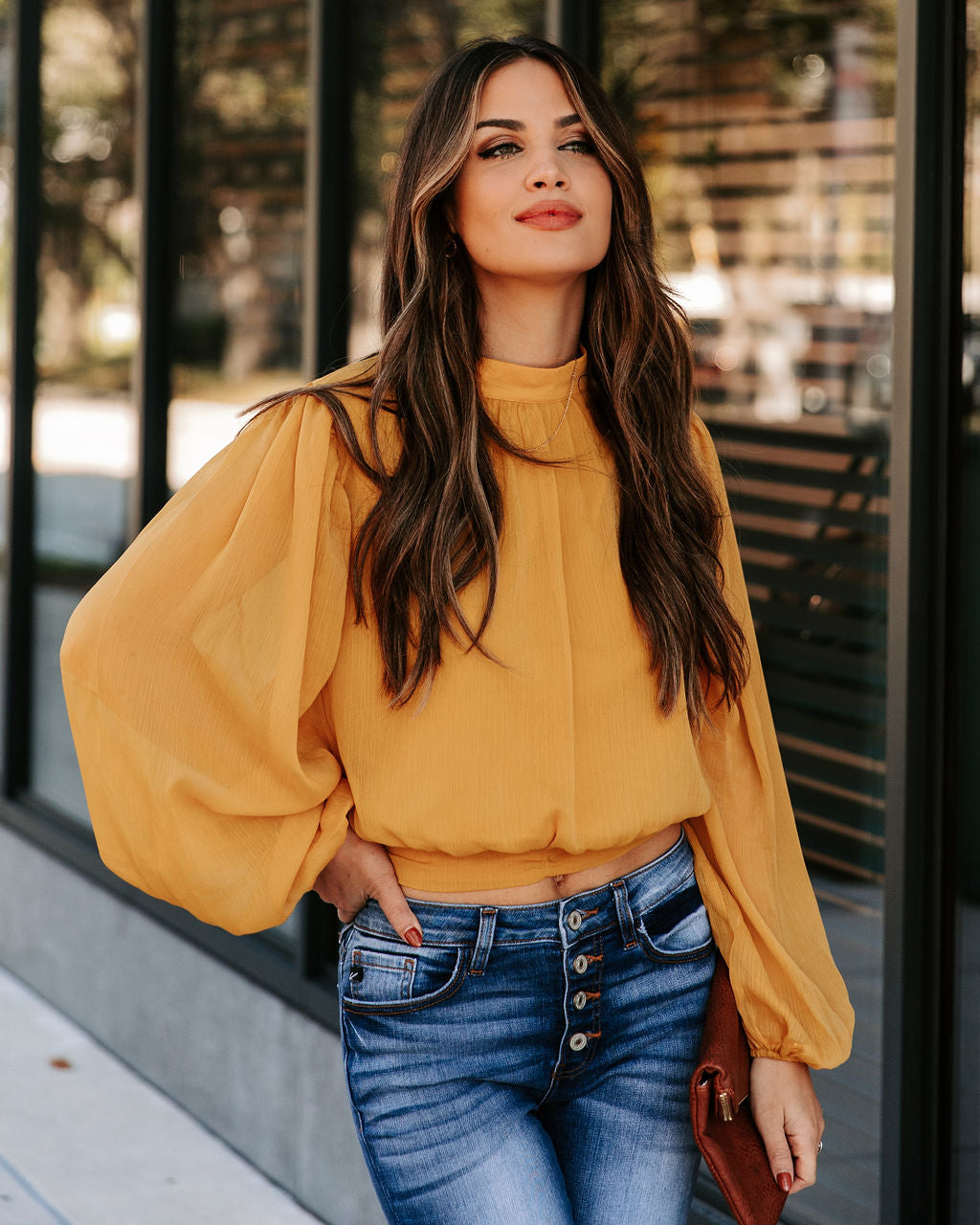 Marquee Mock Neck Billowed Blouse - Mustard