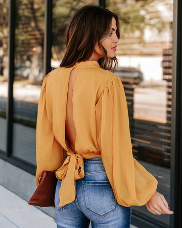 Marquee Mock Neck Billowed Blouse - Mustard