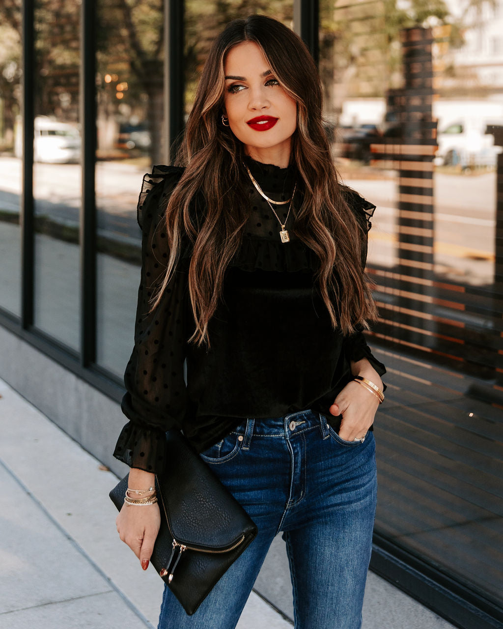 Liara Polka Dot Velvet Ruffle Blouse - Black