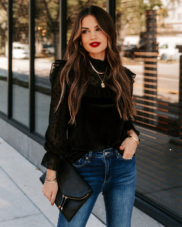 Liara Polka Dot Velvet Ruffle Blouse - Black