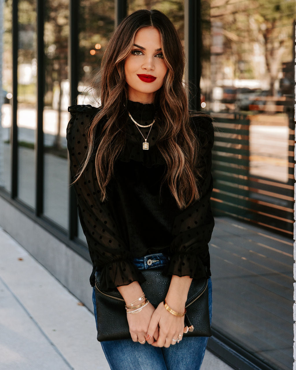Liara Polka Dot Velvet Ruffle Blouse - Black