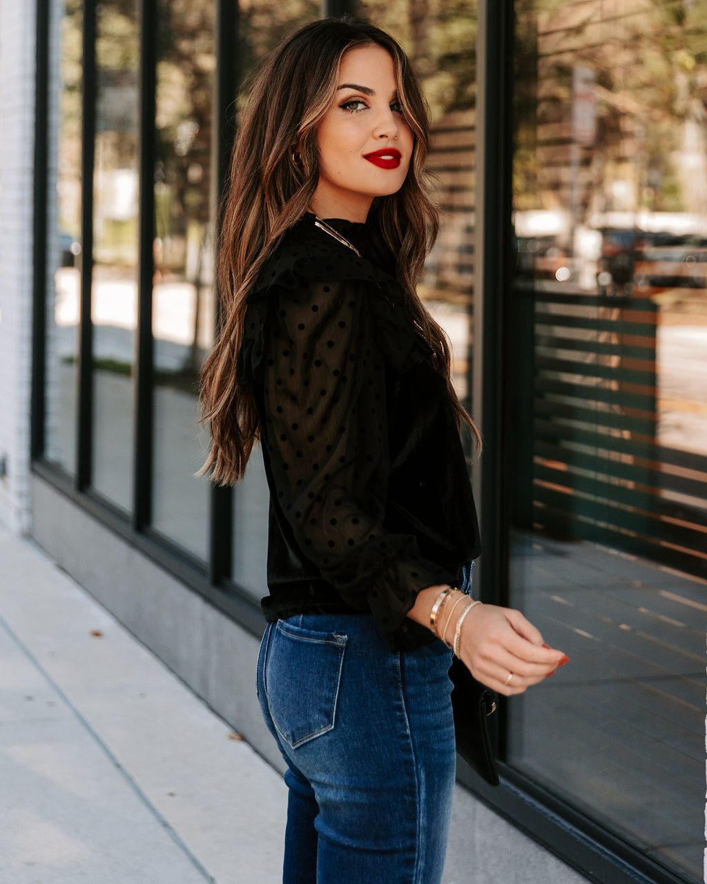 Liara Polka Dot Velvet Ruffle Blouse - Black