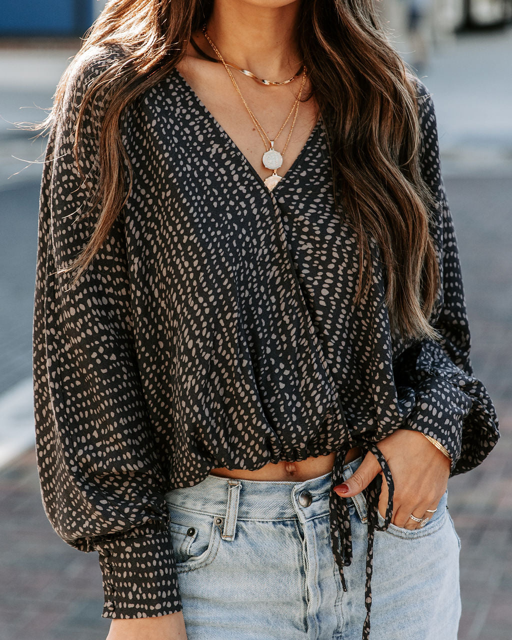 Grandview Printed Drawstring Drape Blouse - Charcoal