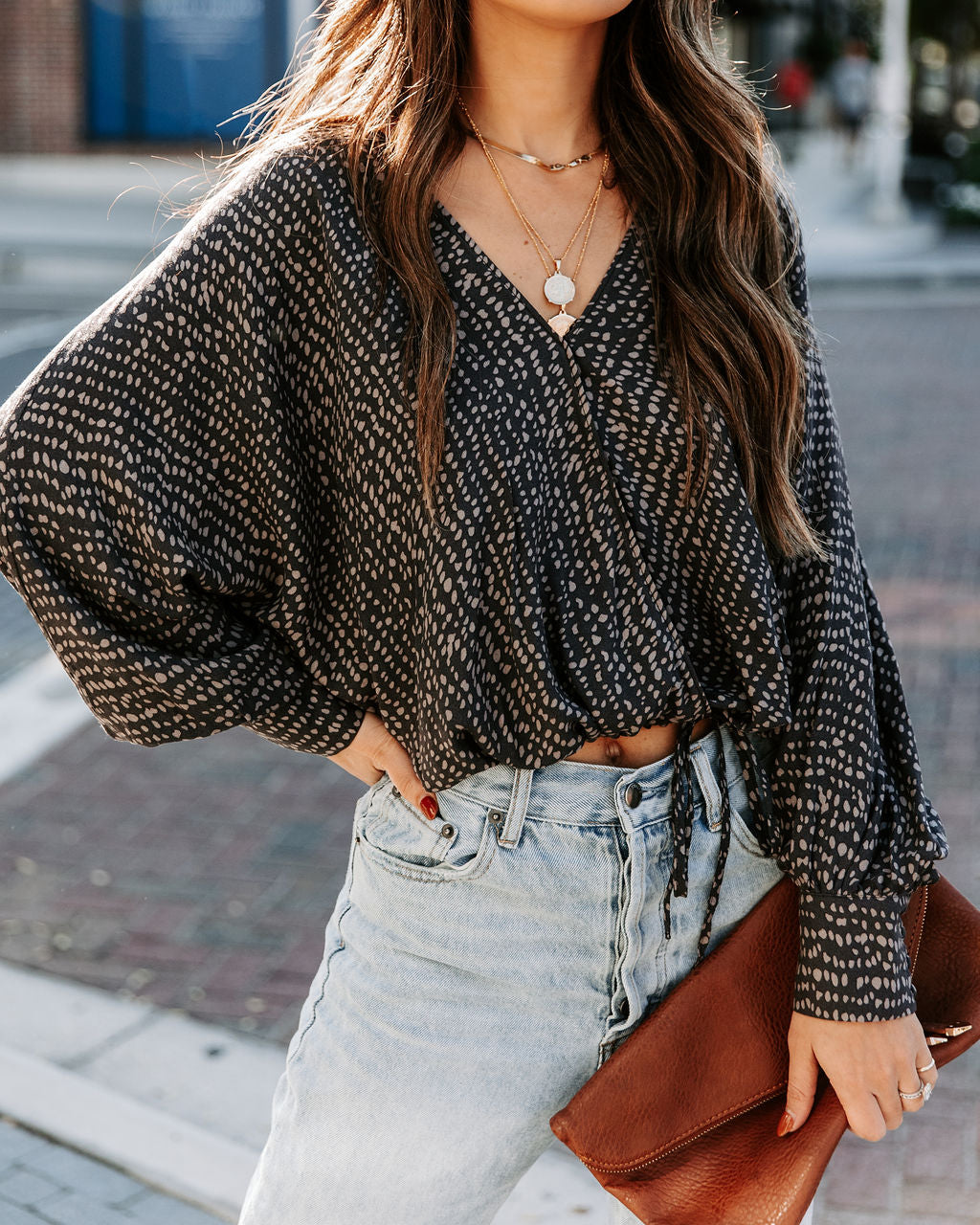 Grandview Printed Drawstring Drape Blouse - Charcoal