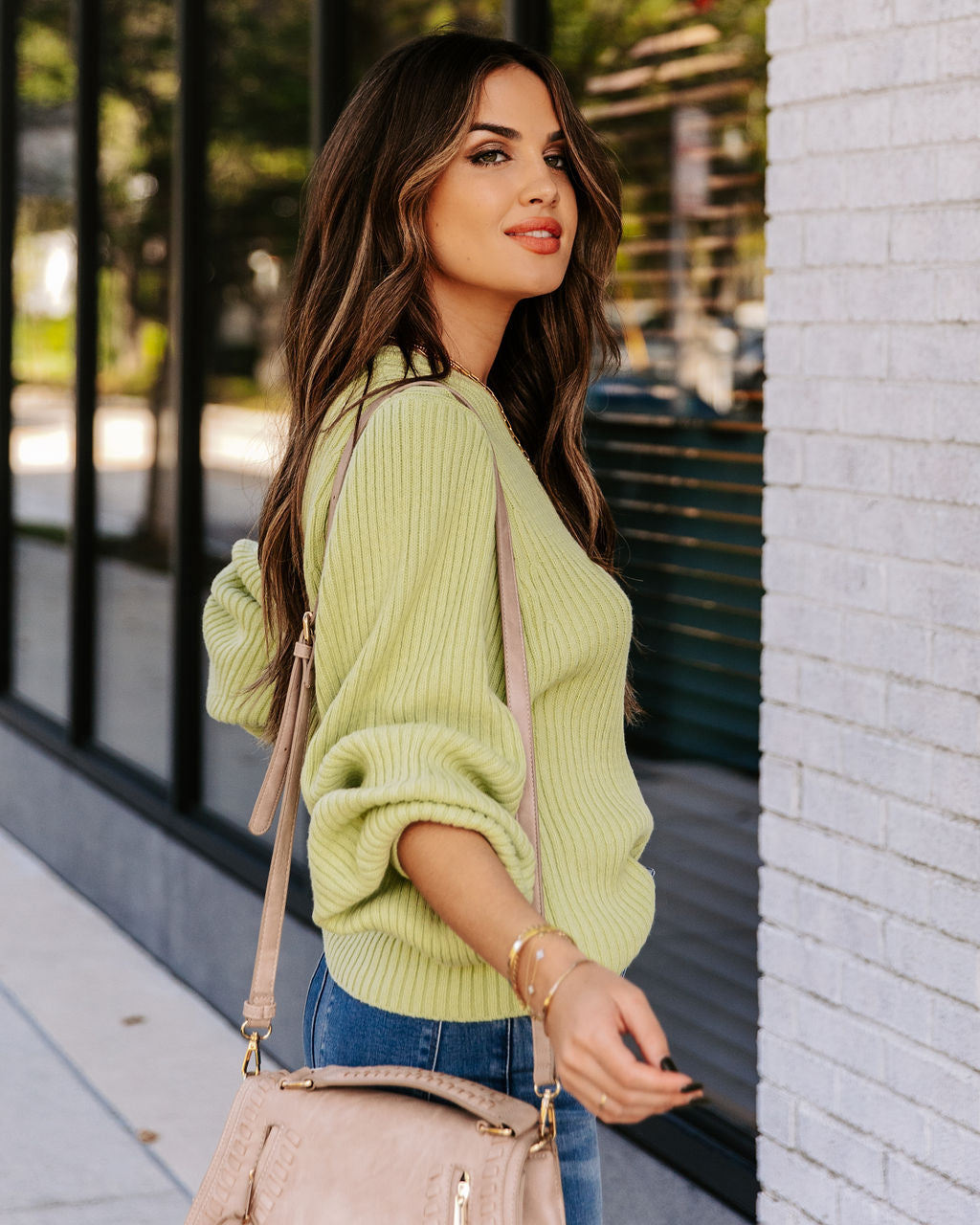 Ozzy Cotton Blend Balloon Sleeve Sweater - Lime