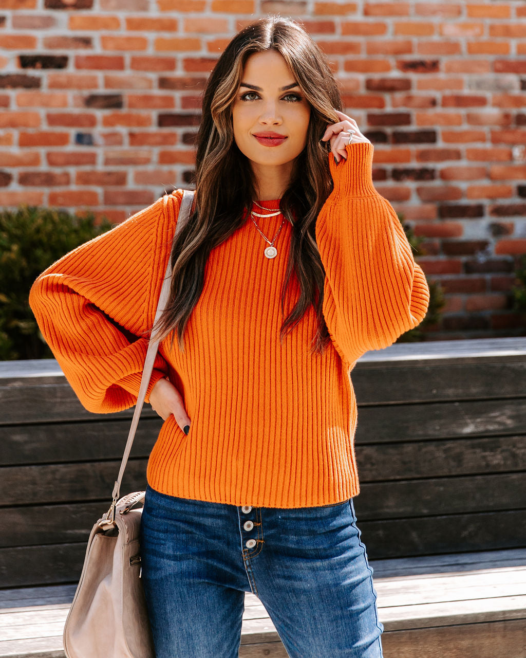Ozzy Cotton Blend Balloon Sleeve Sweater - Rust