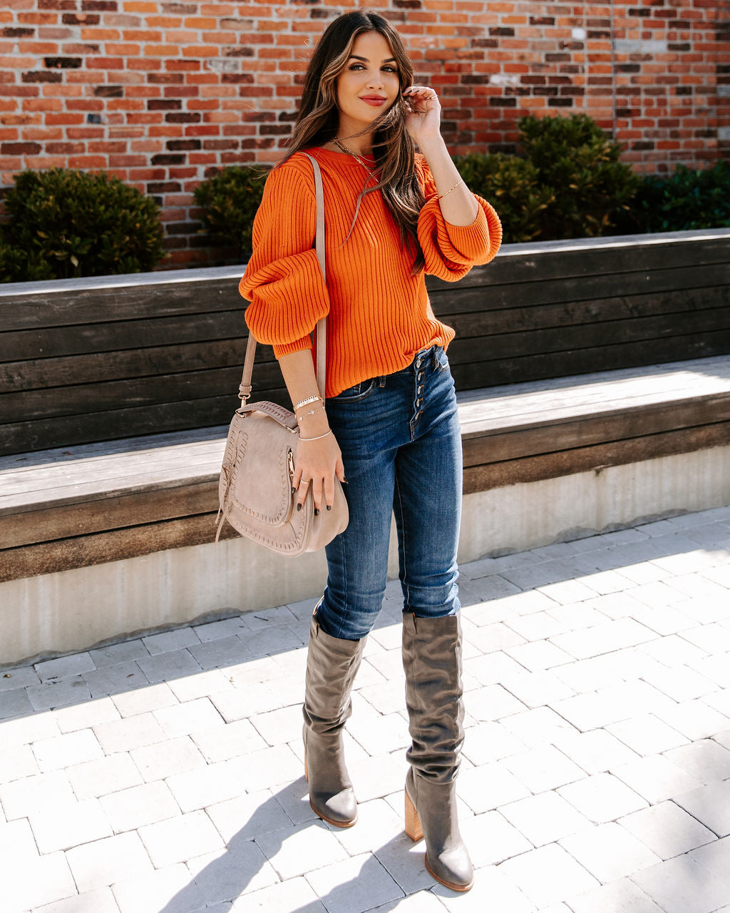 Ozzy Cotton Blend Balloon Sleeve Sweater - Rust