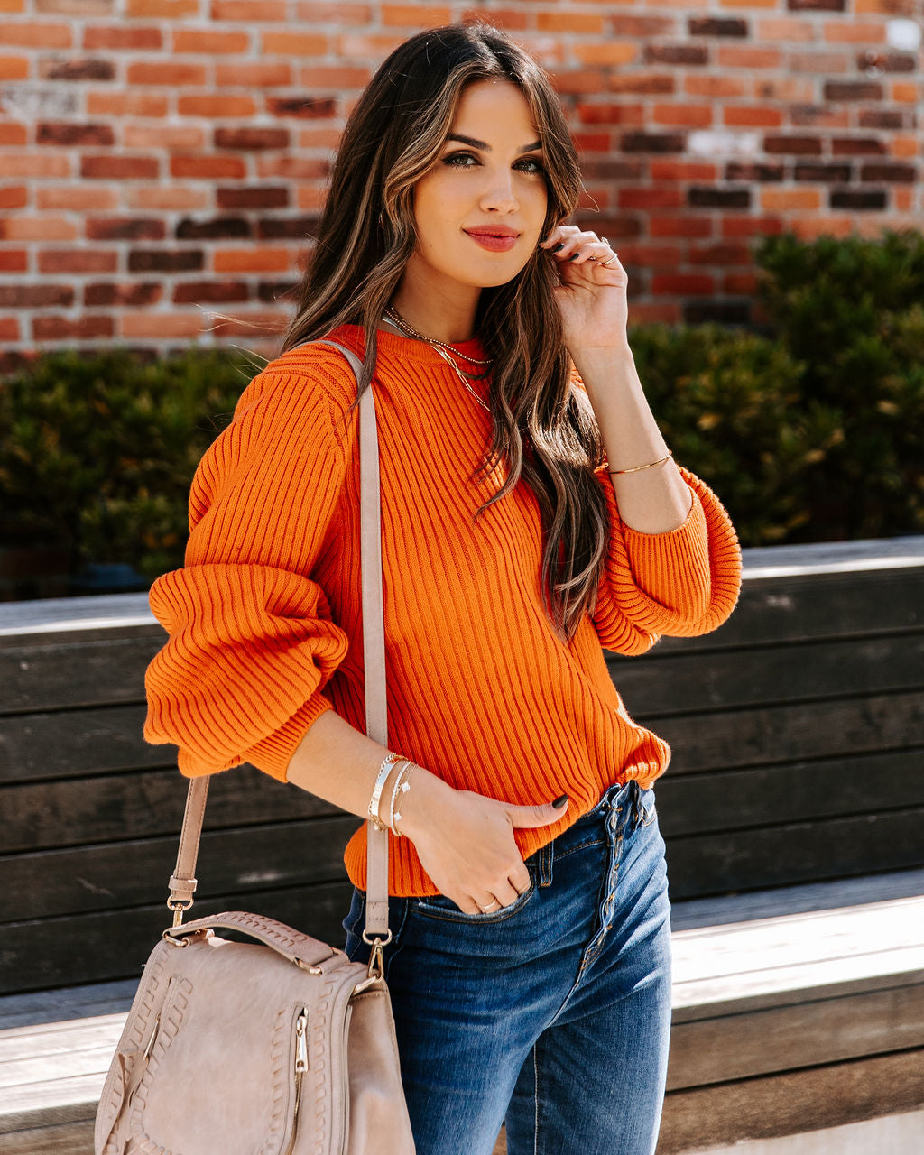 Ozzy Cotton Blend Balloon Sleeve Sweater - Rust