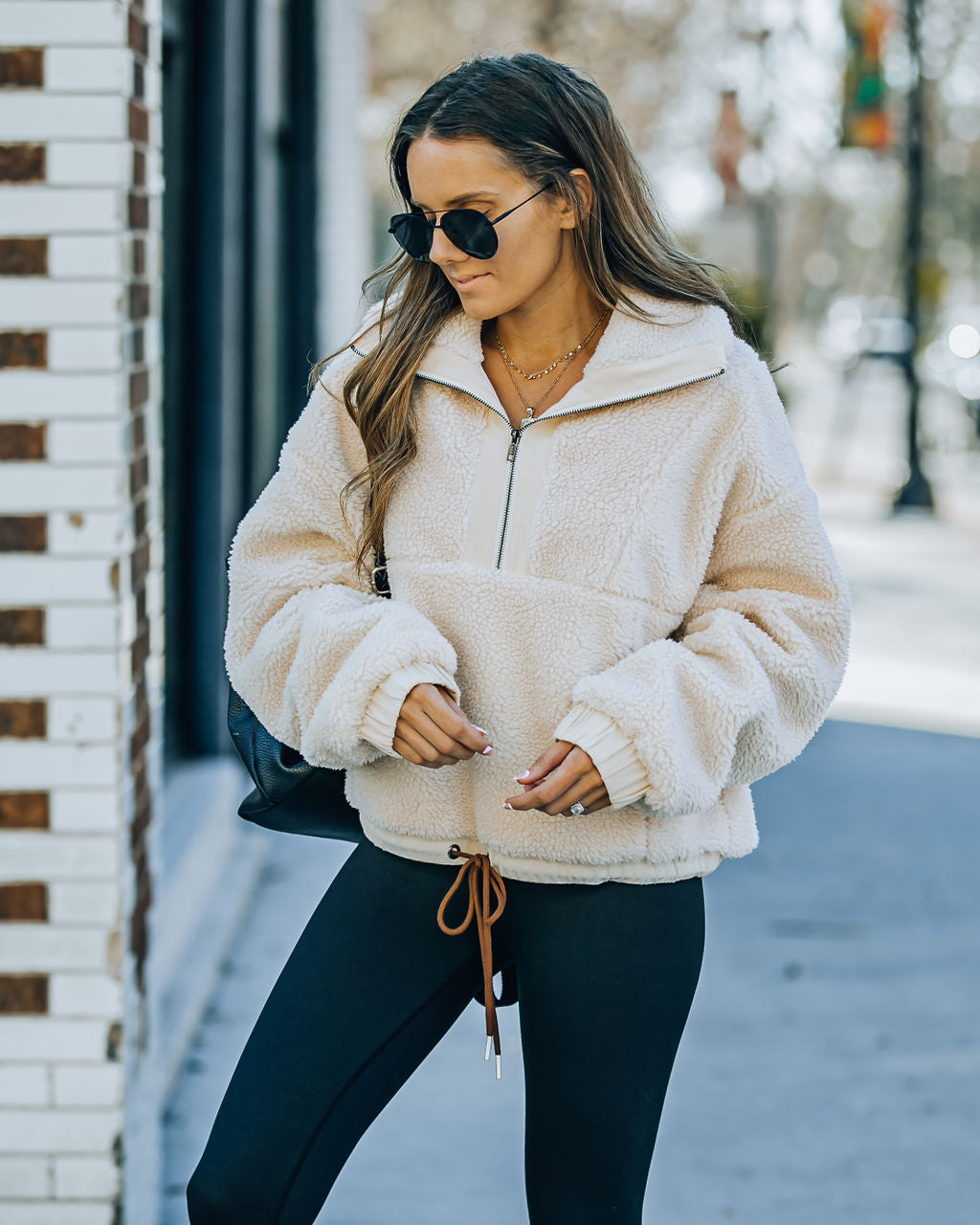 Matti Pocketed Half Zip Sherpa Pullover - Cream