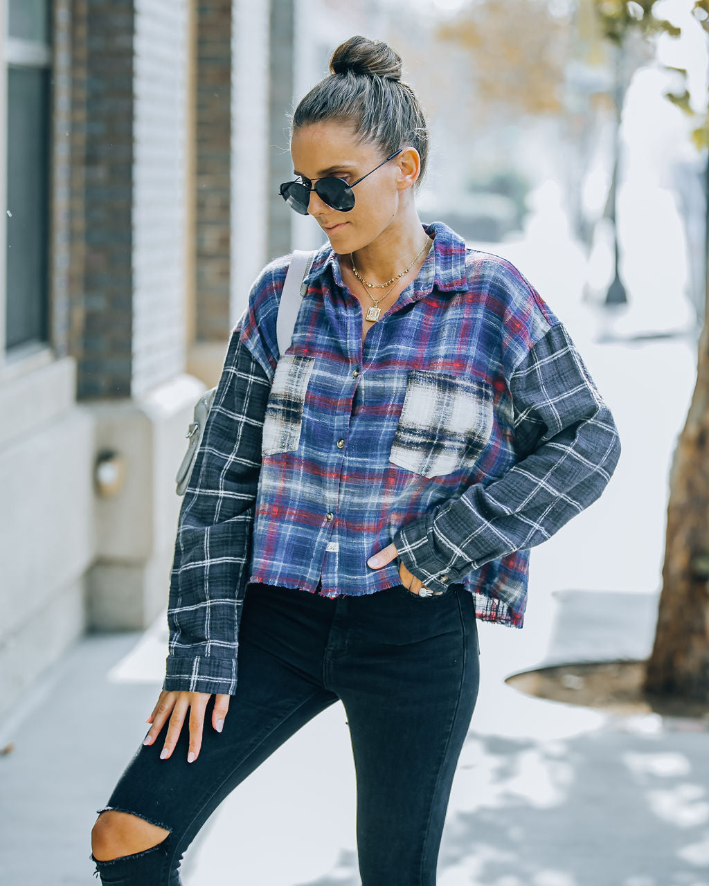 Giorgio Cotton Blend Crop Plaid Button Down Top