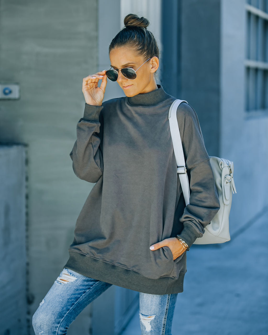 Lorina Cotton Pocketed Mock Neck Sweatshirt - Charcoal