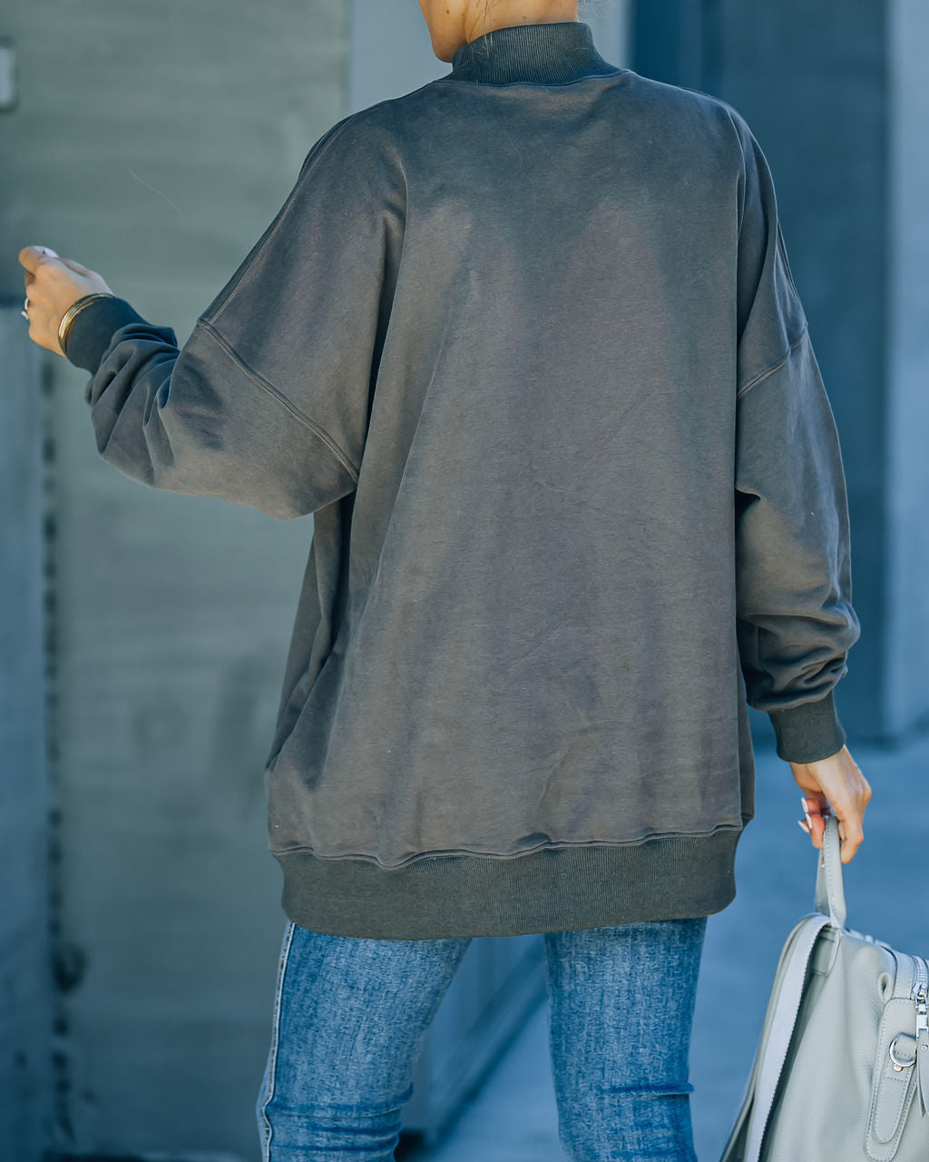 Lorina Cotton Pocketed Mock Neck Sweatshirt - Charcoal