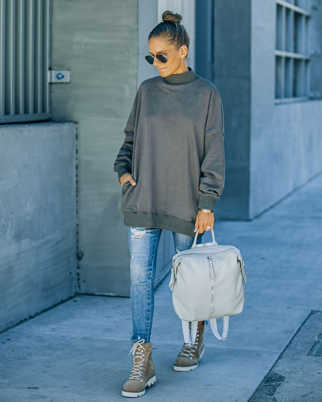 Lorina Cotton Pocketed Mock Neck Sweatshirt - Charcoal