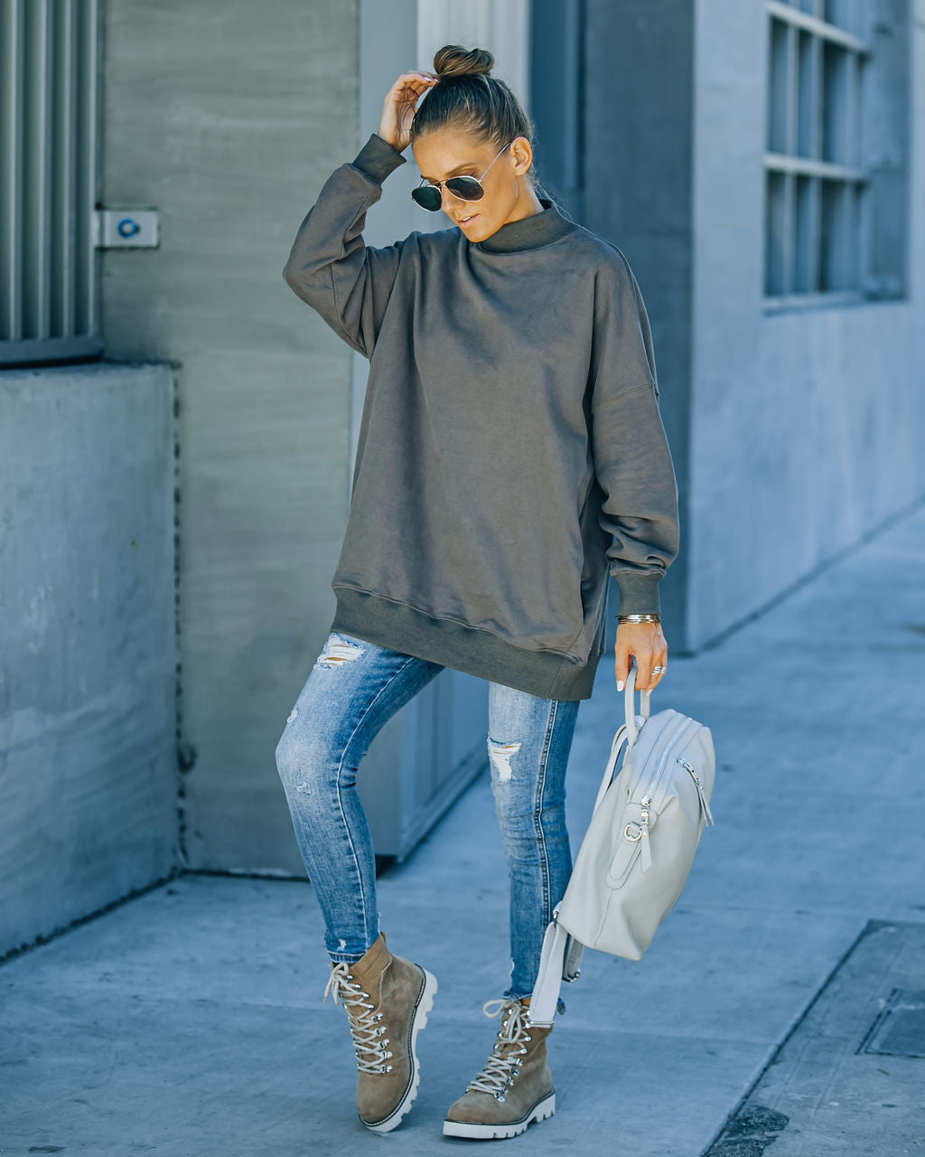 Lorina Cotton Pocketed Mock Neck Sweatshirt - Charcoal