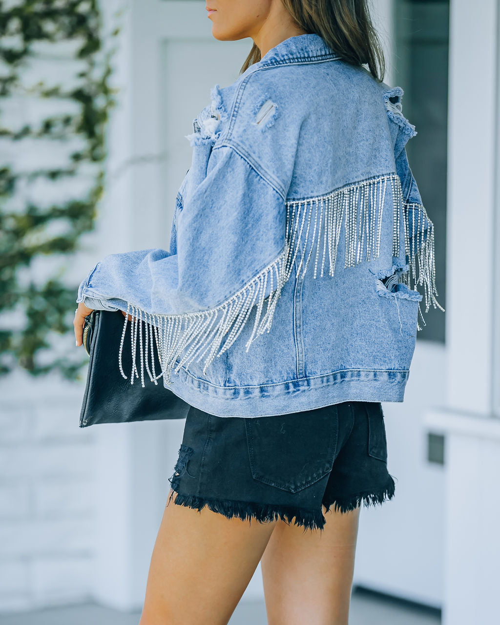 Meza Rhinestone Fringe Crop Denim Jacket