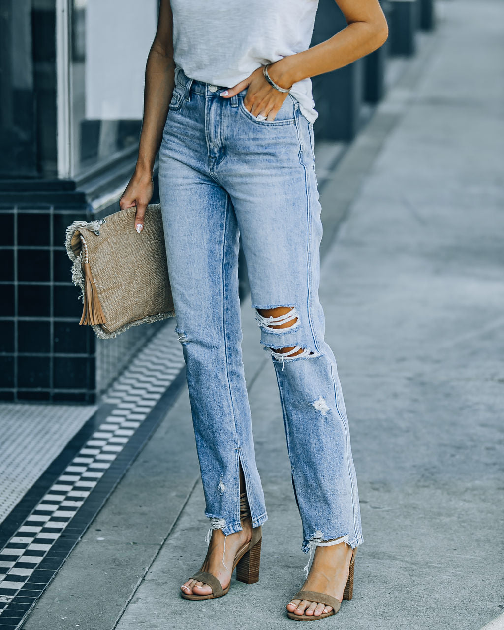 Shea High Rise Distressed Split Ankle Denim - Light Wash