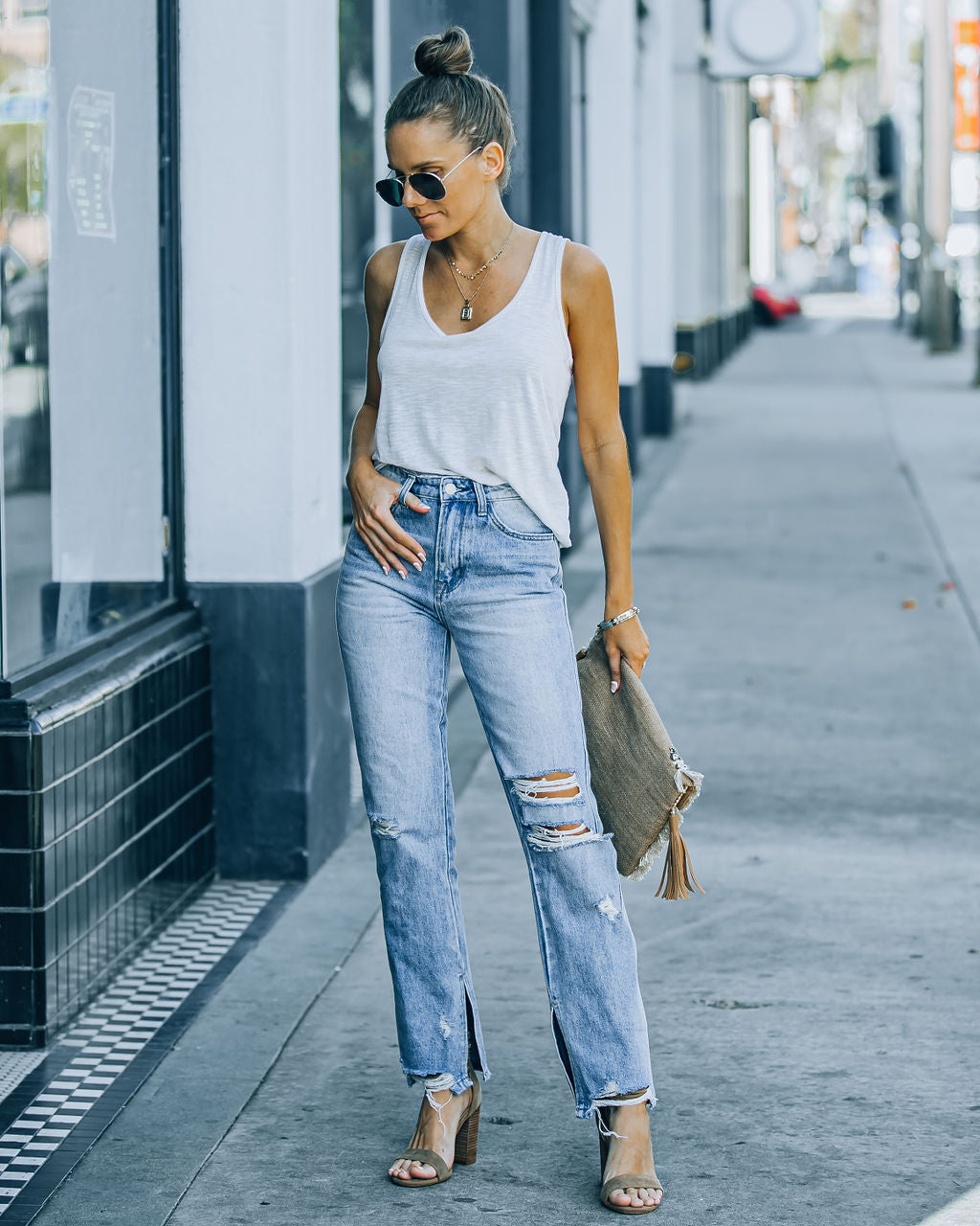 Shea High Rise Distressed Split Ankle Denim - Light Wash