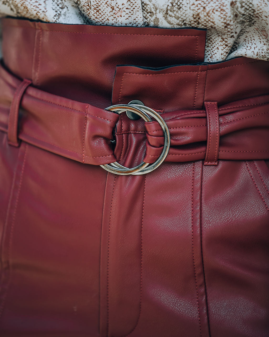 Livi Pocketed High Rise Faux Leather Belted Pants - Wine