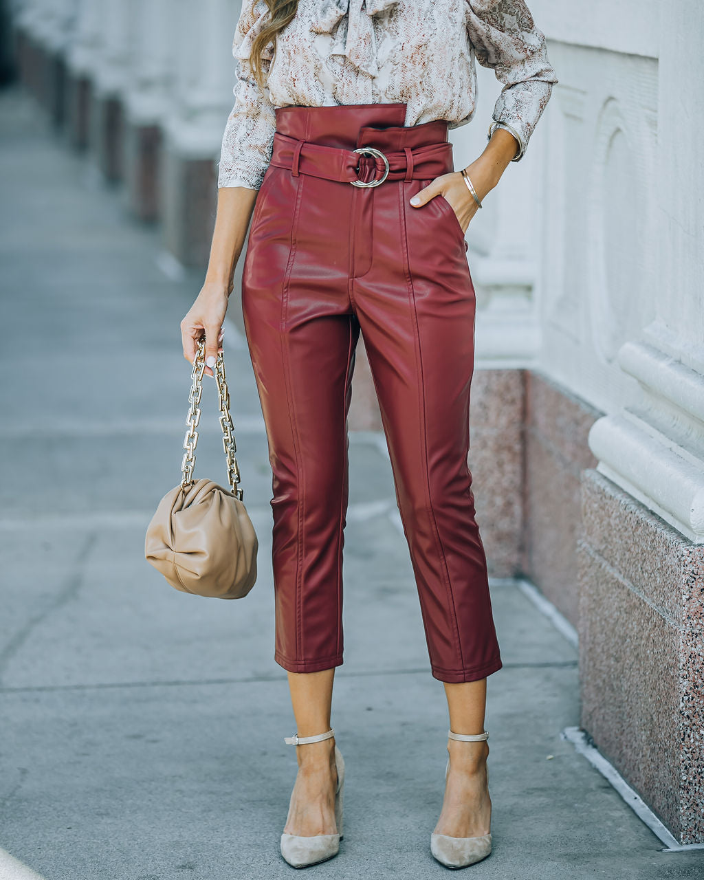 Livi Pocketed High Rise Faux Leather Belted Pants - Wine