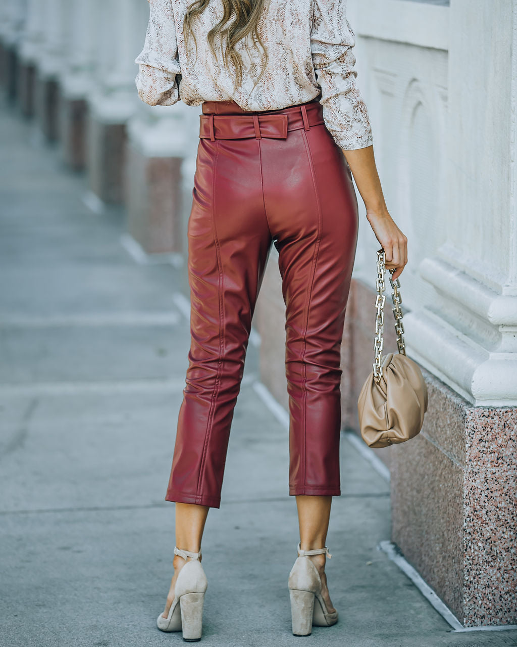 Livi Pocketed High Rise Faux Leather Belted Pants - Wine