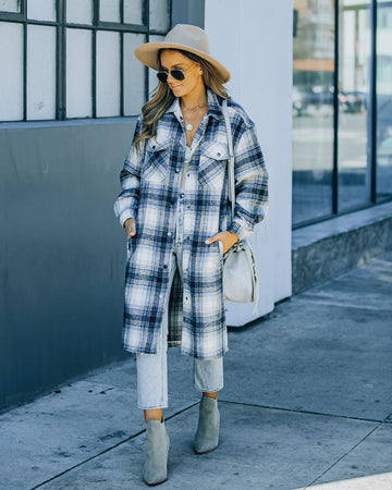 Maxine Pocketed Button Down Plaid Jacket - Navy