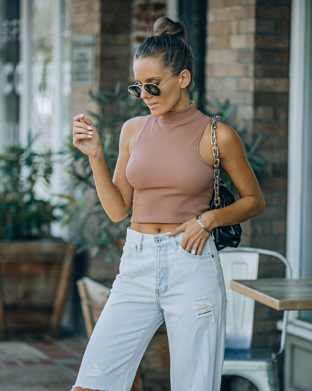 Louie Sleeveless Mock Neck Crop Top - Vintage Mocha