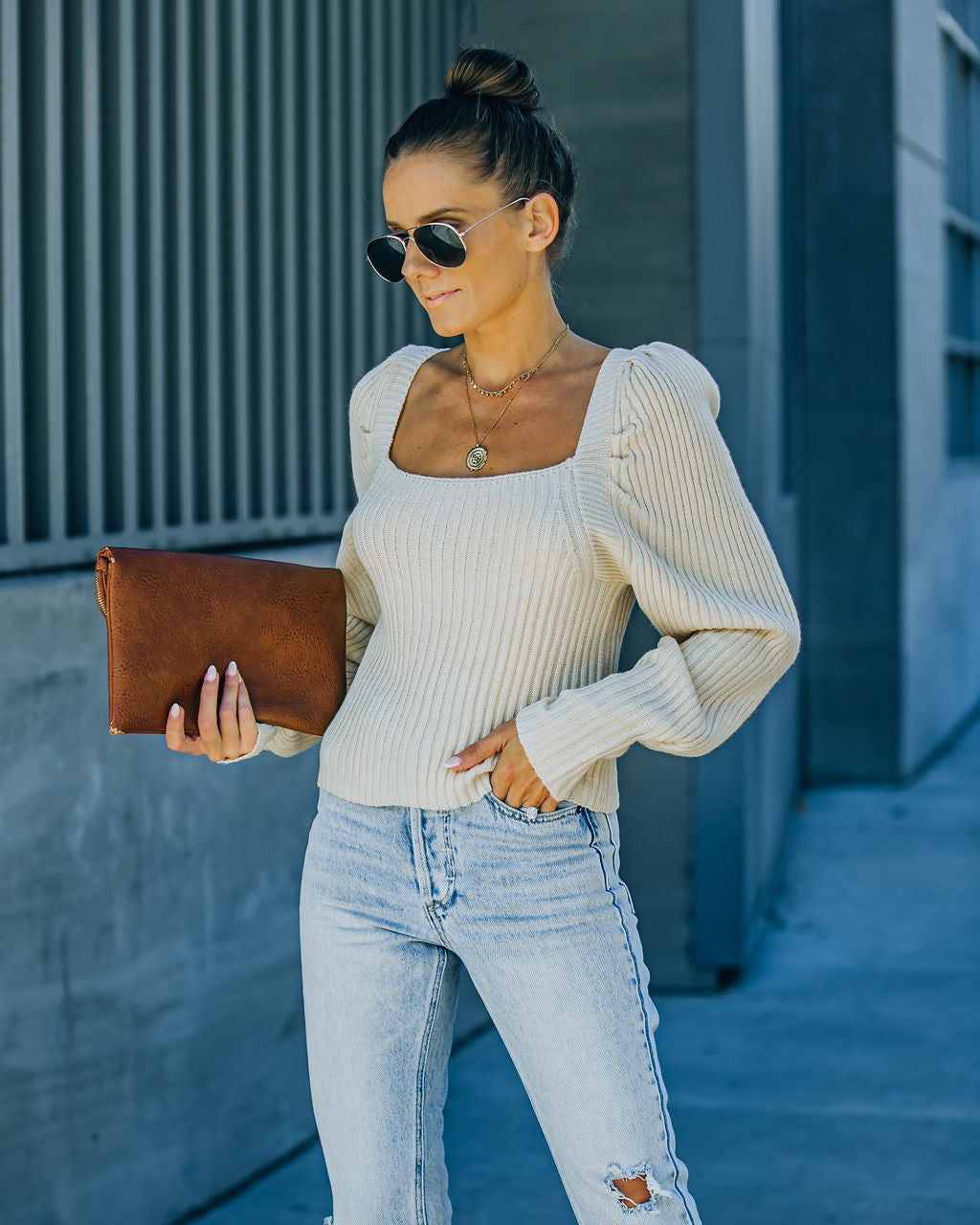 Ford Square Neck Knit Sweater - Natural