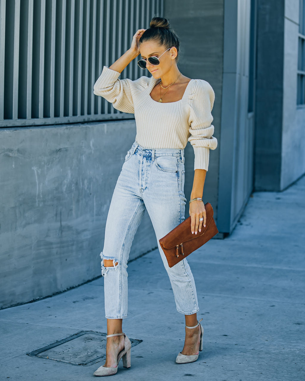 Ford Square Neck Knit Sweater - Natural