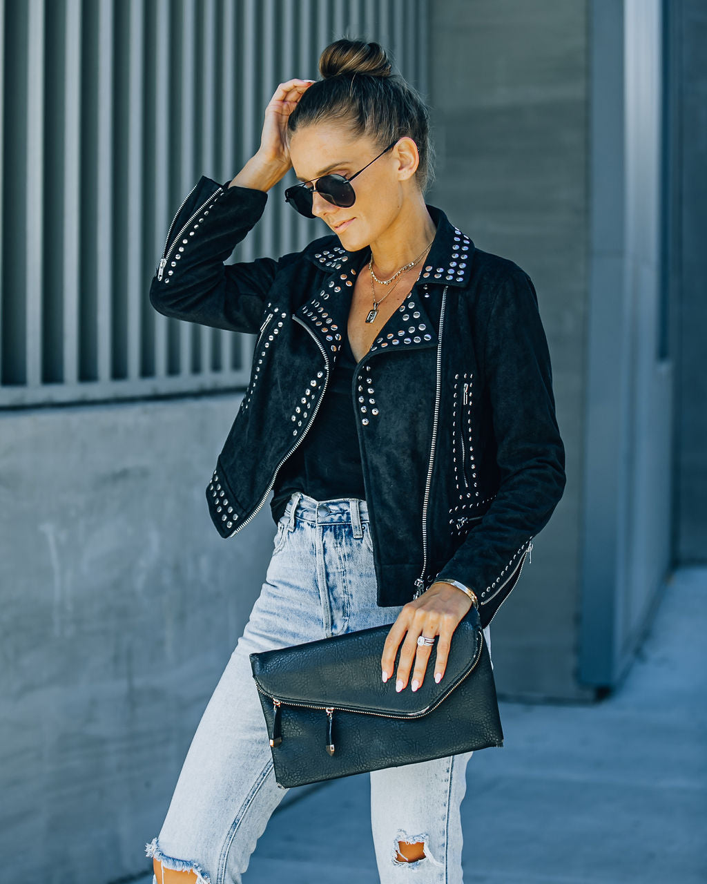 Saint Pocketed Studded Faux Suede Jacket