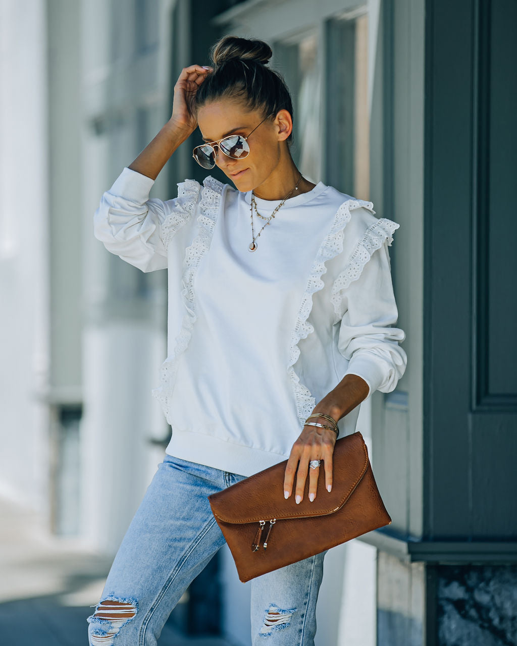 Murrieta Eyelet Trim Pullover - White