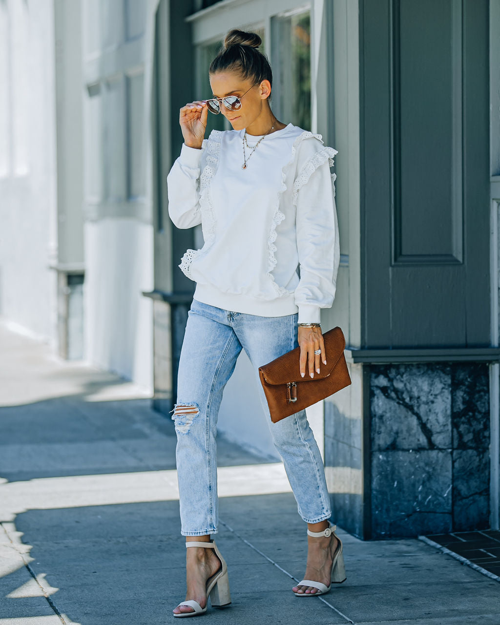 Murrieta Eyelet Trim Pullover - White