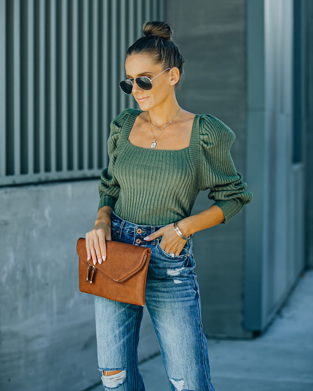 Ford Square Neck Knit Sweater - Fern Green