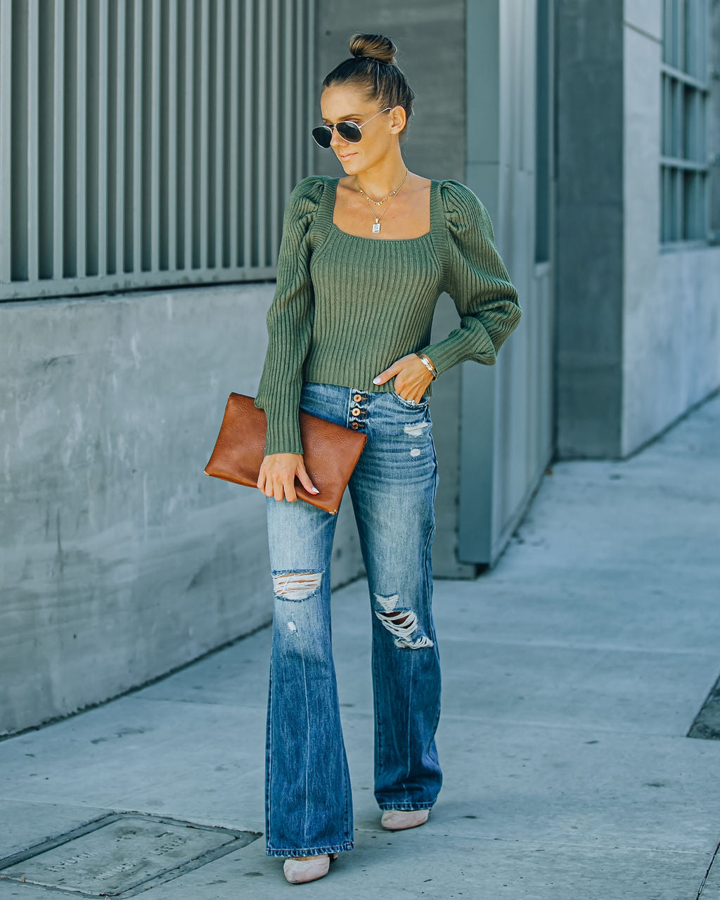 Ford Square Neck Knit Sweater - Fern Green