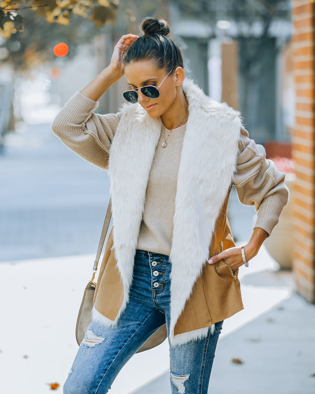 Mammoth Pocketed Faux Fur Lined Vest - Camel