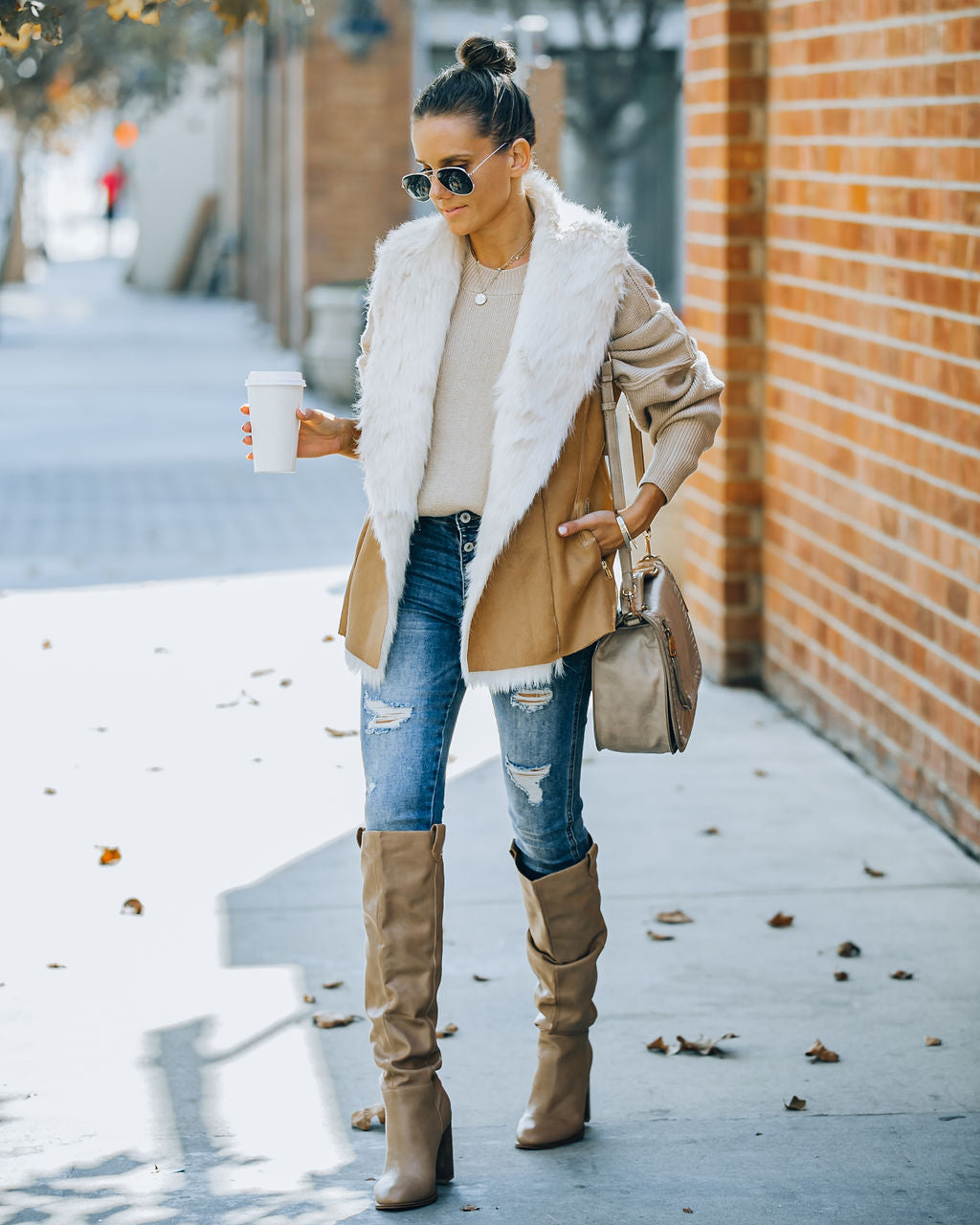 Mammoth Pocketed Faux Fur Lined Vest - Camel