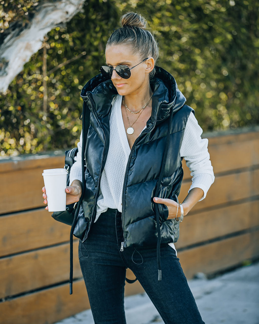 Shelton Pocketed Hooded Faux Leather Puffer Vest