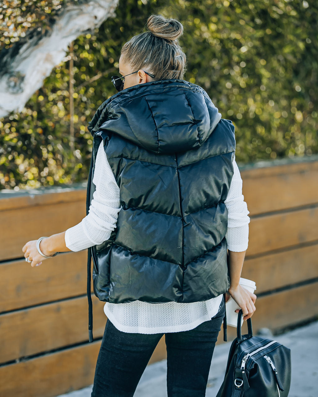 Shelton Pocketed Hooded Faux Leather Puffer Vest