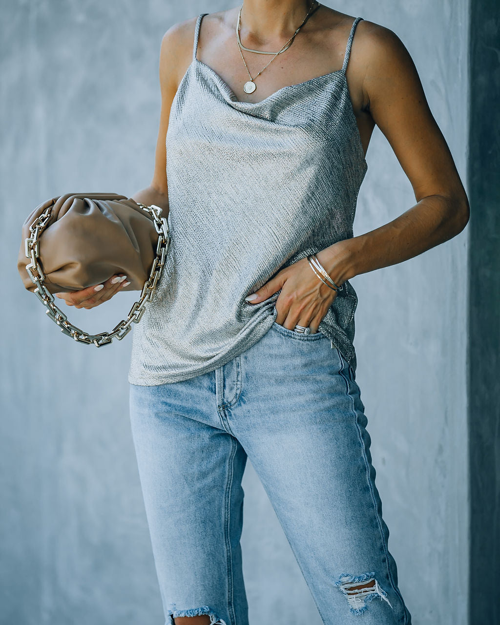 Nightlife Cowl Neck Metallic Cami Tank