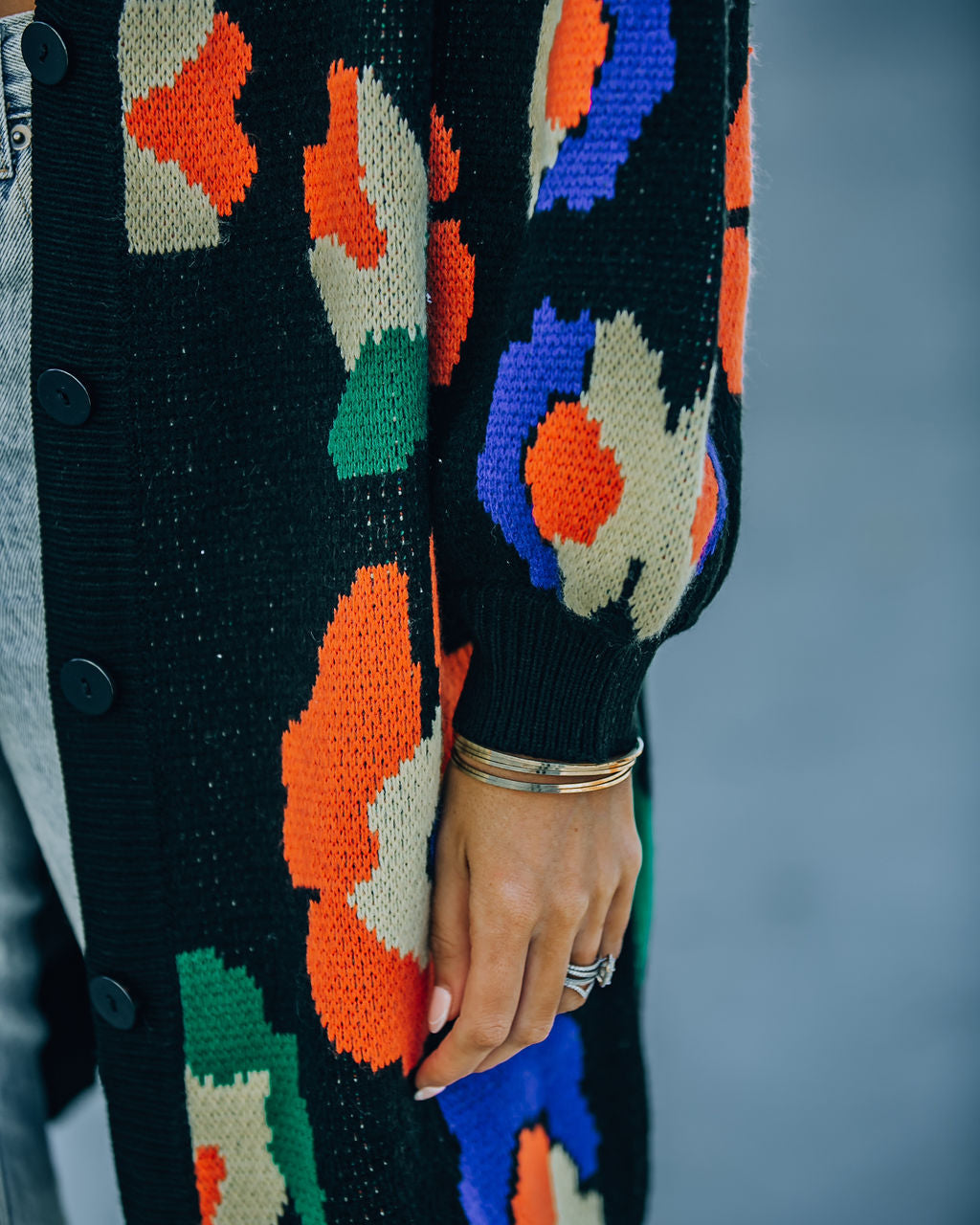 Fraya Pocketed Floral Button Front Knit Cardigan - Black