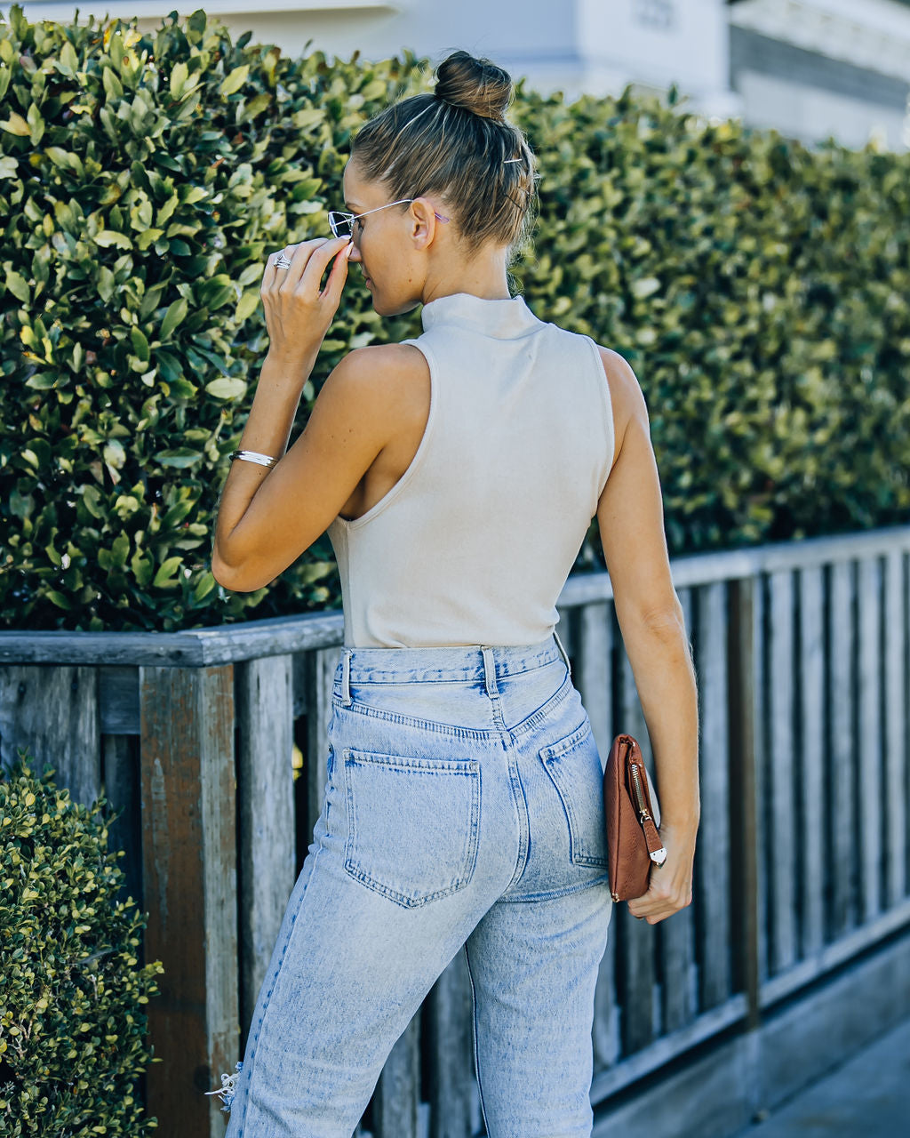 Nyra Sleeveless Mock Neck Knit Top - Beige