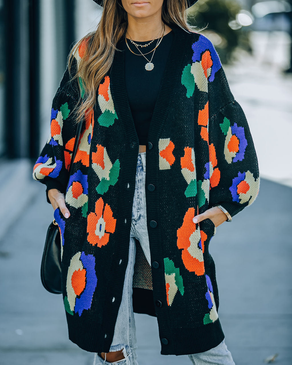 Fraya Pocketed Floral Button Front Knit Cardigan - Black