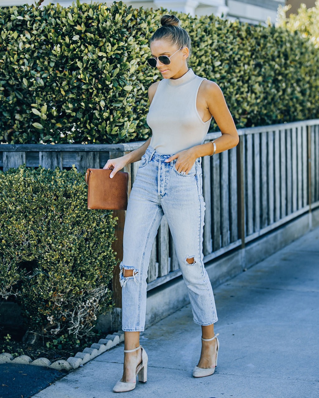 Nyra Sleeveless Mock Neck Knit Top - Beige