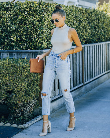 Nyra Sleeveless Mock Neck Knit Top - Beige