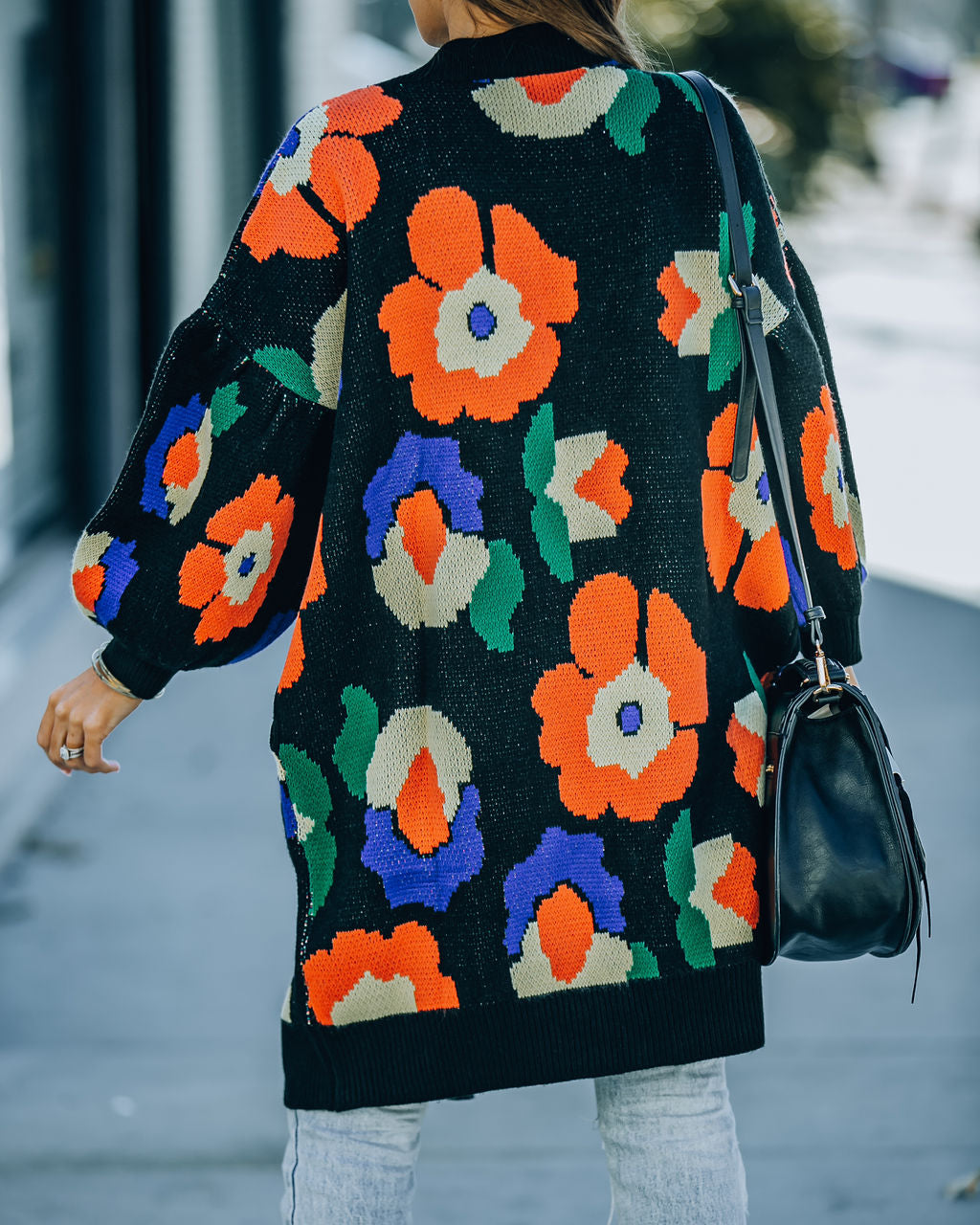 Fraya Pocketed Floral Button Front Knit Cardigan - Black