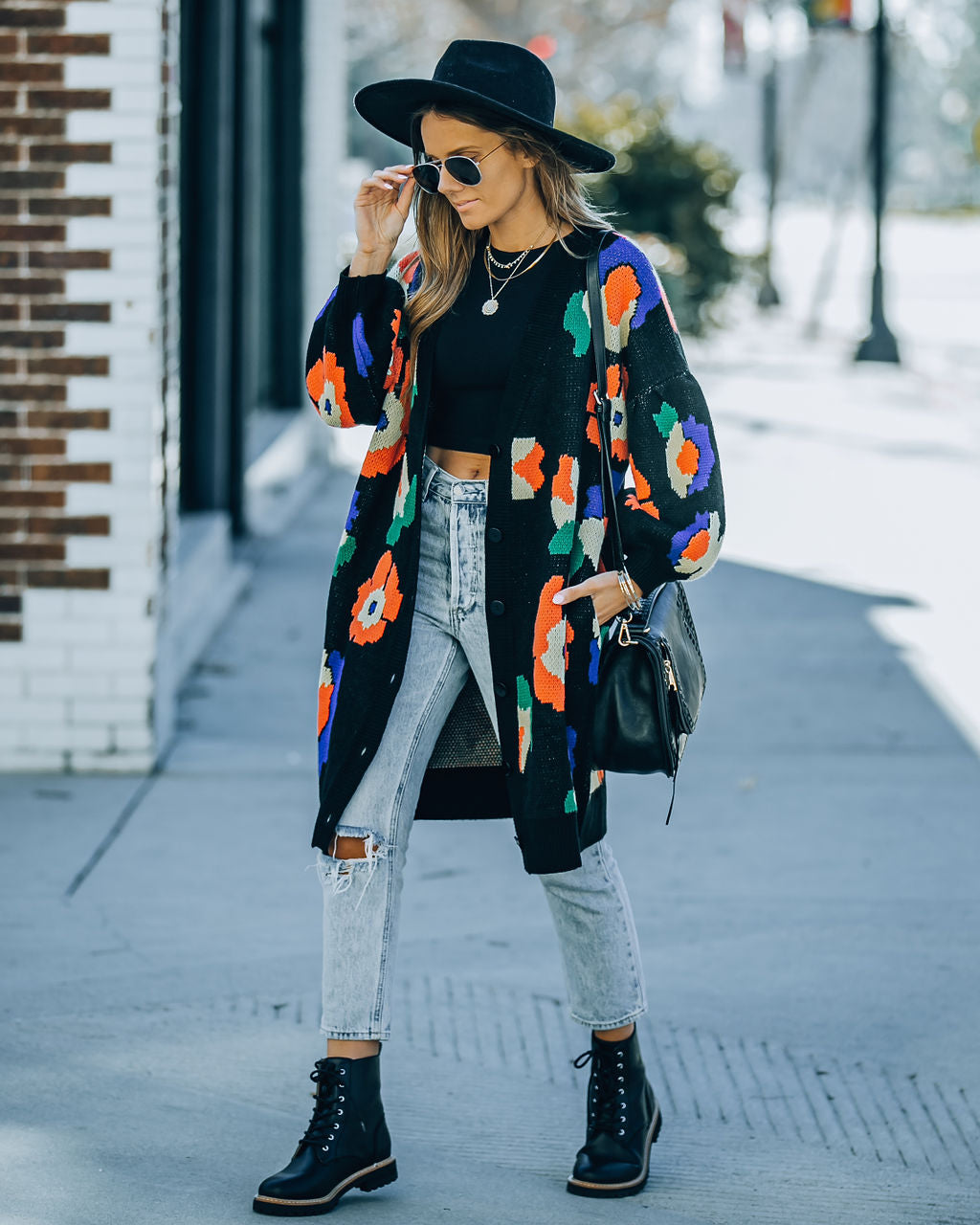 Fraya Pocketed Floral Button Front Knit Cardigan - Black