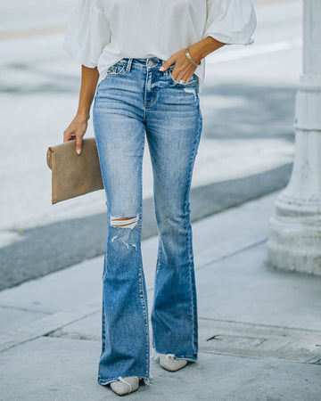 Offset High Rise Distressed Flare Denim