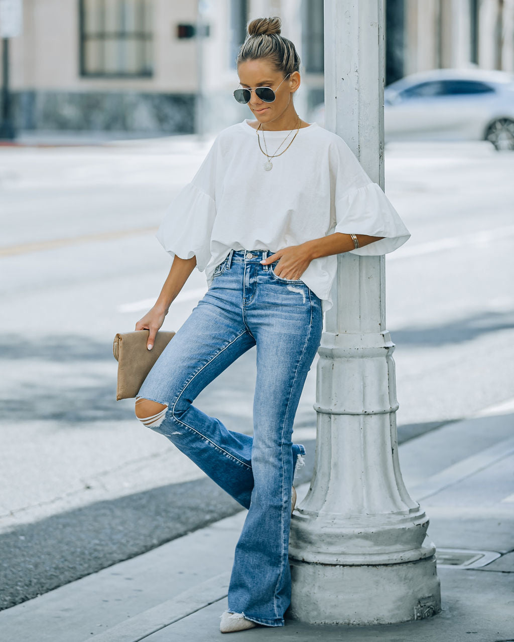 Offset High Rise Distressed Flare Denim